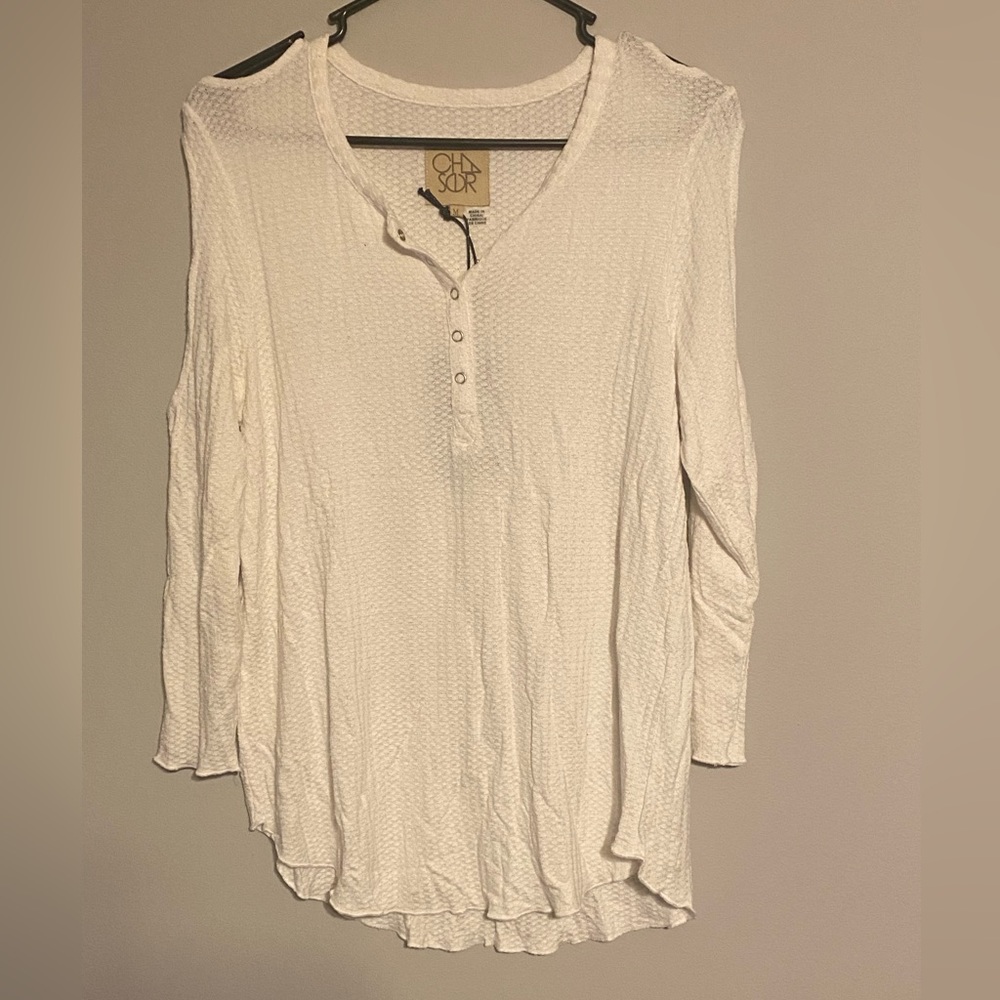 Chaser brand white long sleeve shirt with cut outs.
